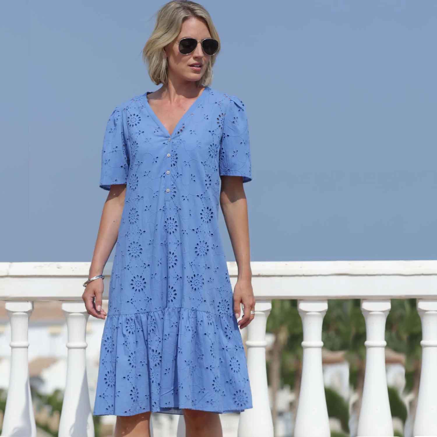 POMODORO Broiderie Anglaise Dress in Blue - 72416 1 72416blue