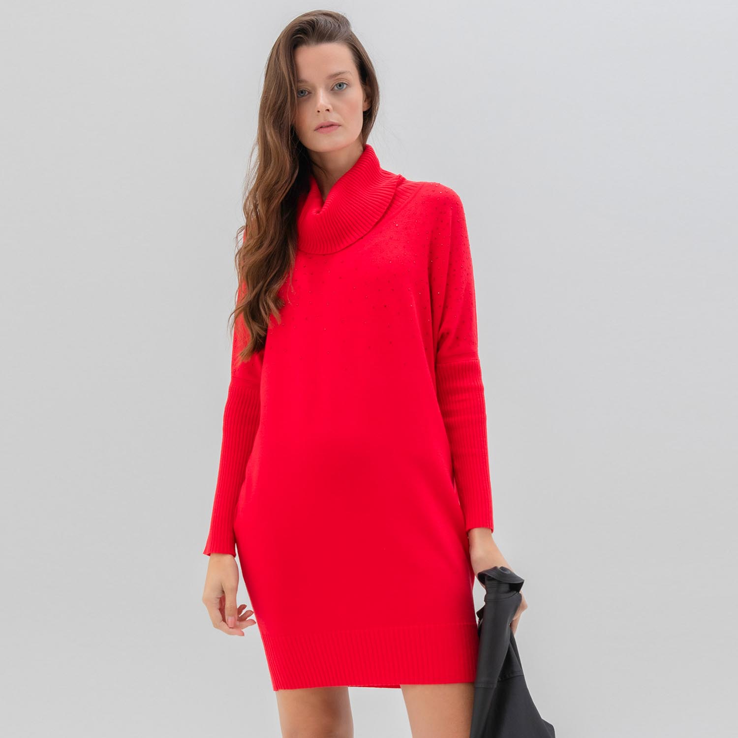 MARBLE Cowl Neck Dress with Stud Detail in Red - 7558 1 7558 109 Cropped 5