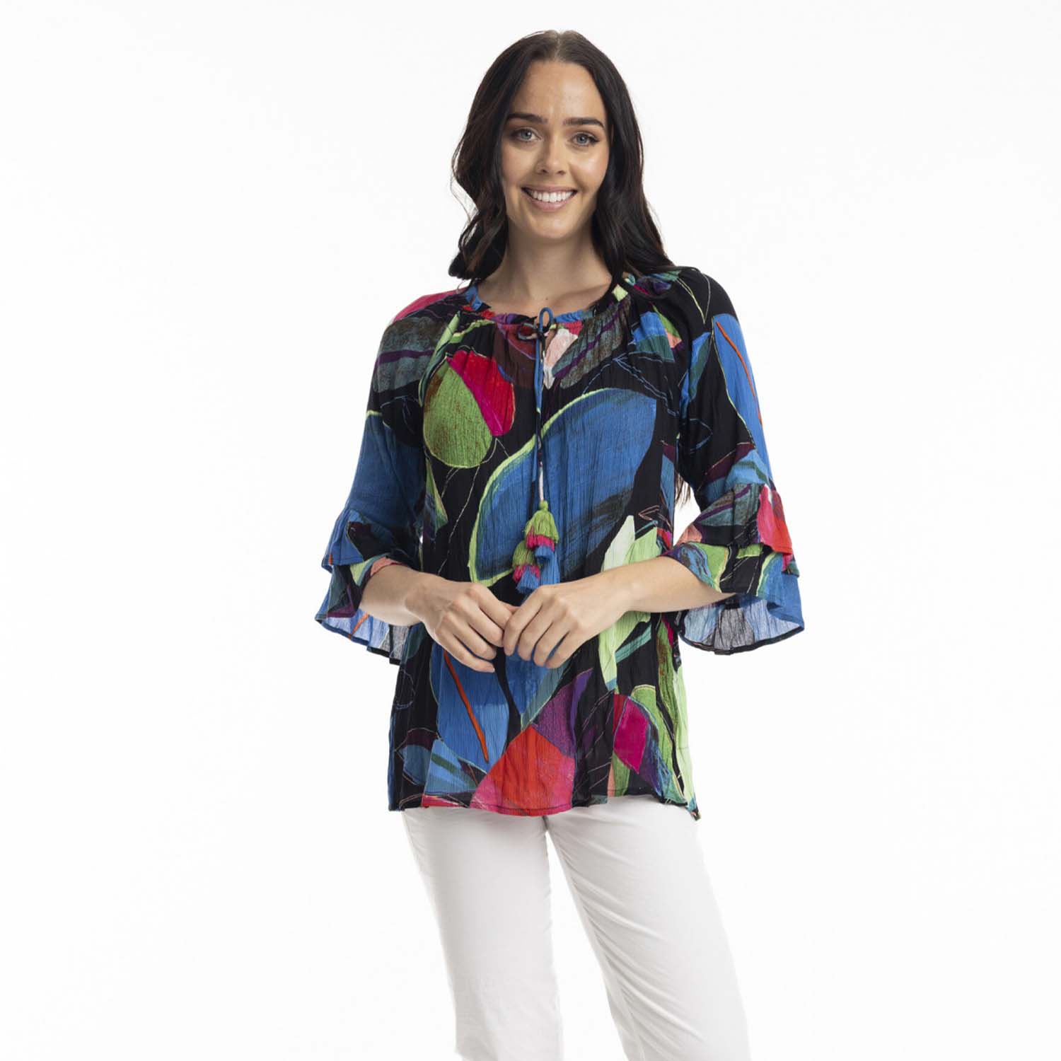 ORIENTIQUE Seychelles Frill Sleeve Top in Multi - 9235 1 ORIENTIQUE Seychelles Frill Sleeve Top in Multi 9235