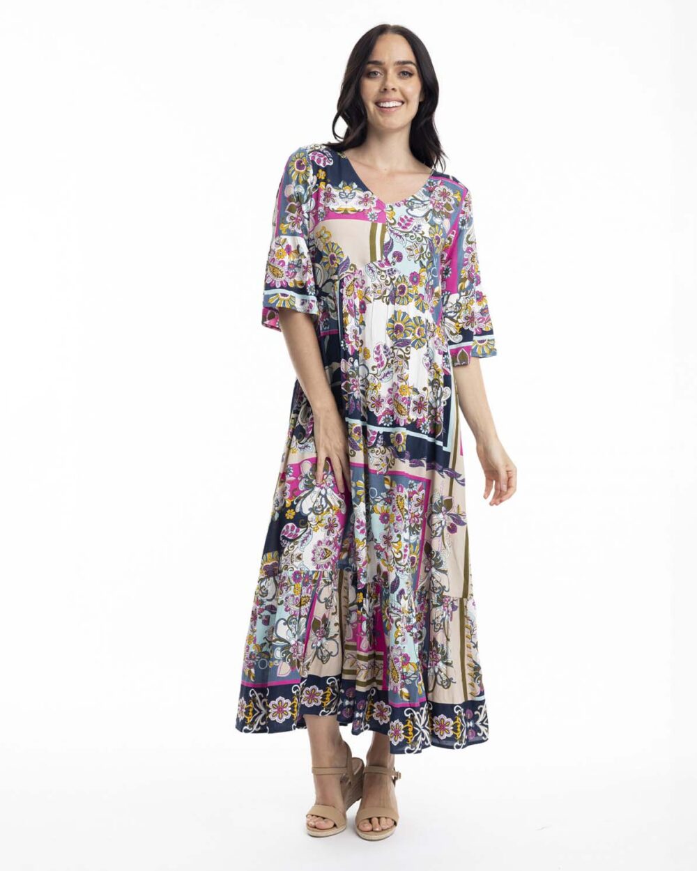 ORIENTIQUE Sotavento Peak Maxi Dress in Multi 40046