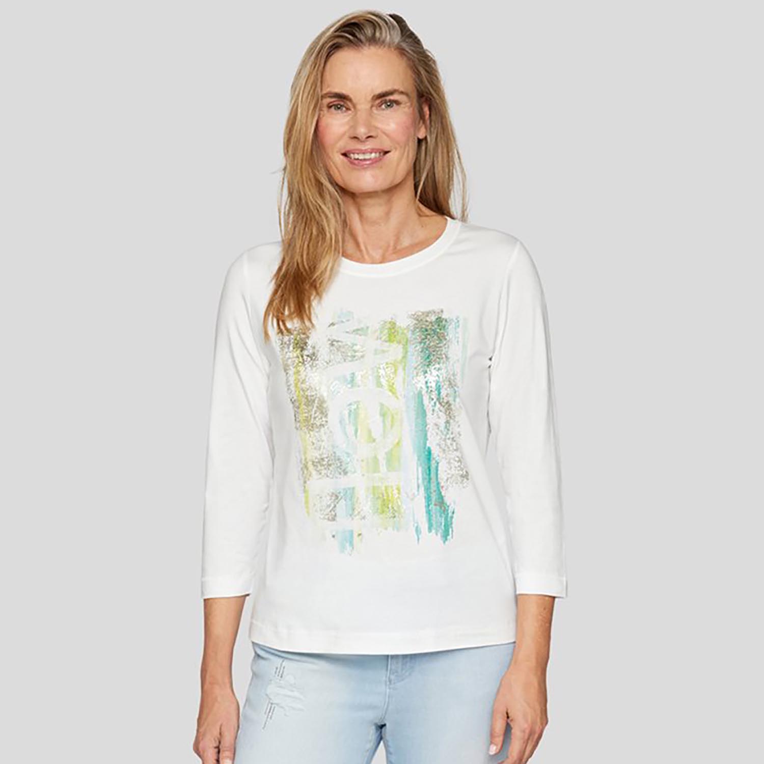 RABE 3/4 Sleeve T-shirt Top With Abstract Front Print in Off White - 54-211300 1 rabe t shirt 527714a
