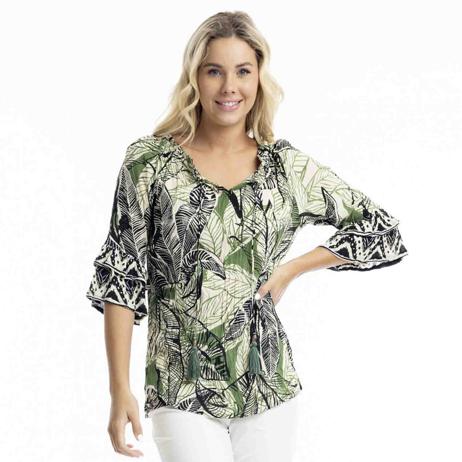 ORIENTIQUE Nungwi Frill Hem Top in Green & Black - 22980 1 179864 l