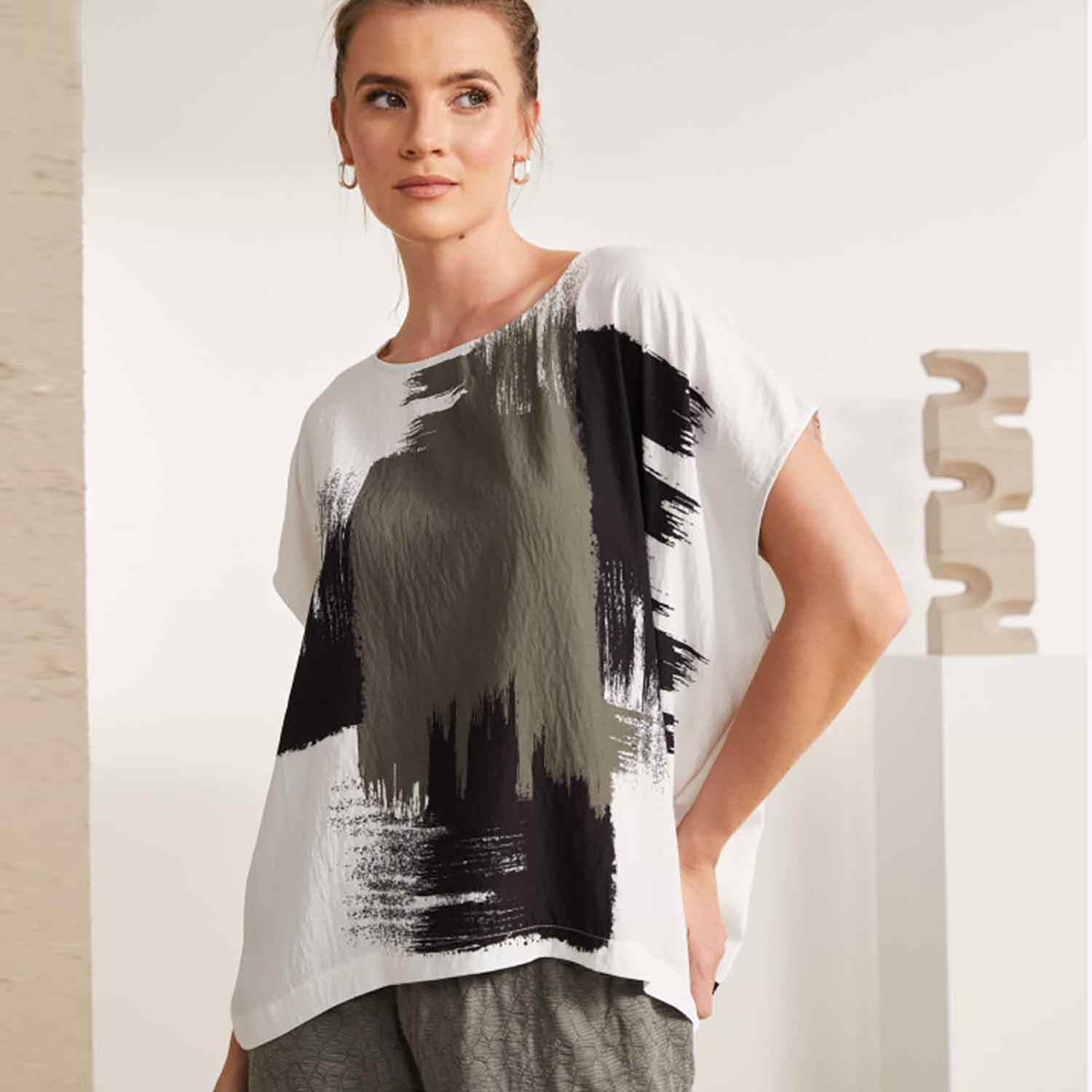 NAYA Brush Stroke Print Round Neck Top in Army & White - NAS25172 1 NAS25 172 219 MS 2 1 683x1024 1