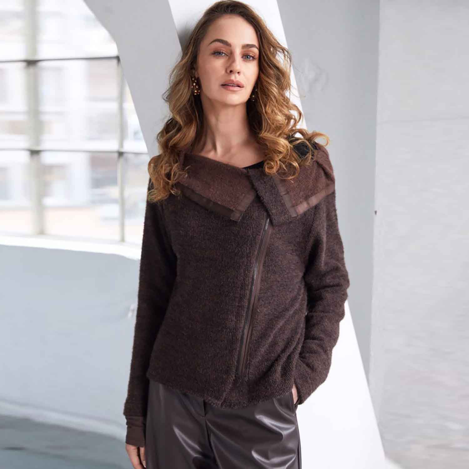 NAYA Mohair Look Knit with Cut Away Collar and Zip Detail in Cocoa - NAW25162 1 NAW25 162 260 MS 1 683x1024 1