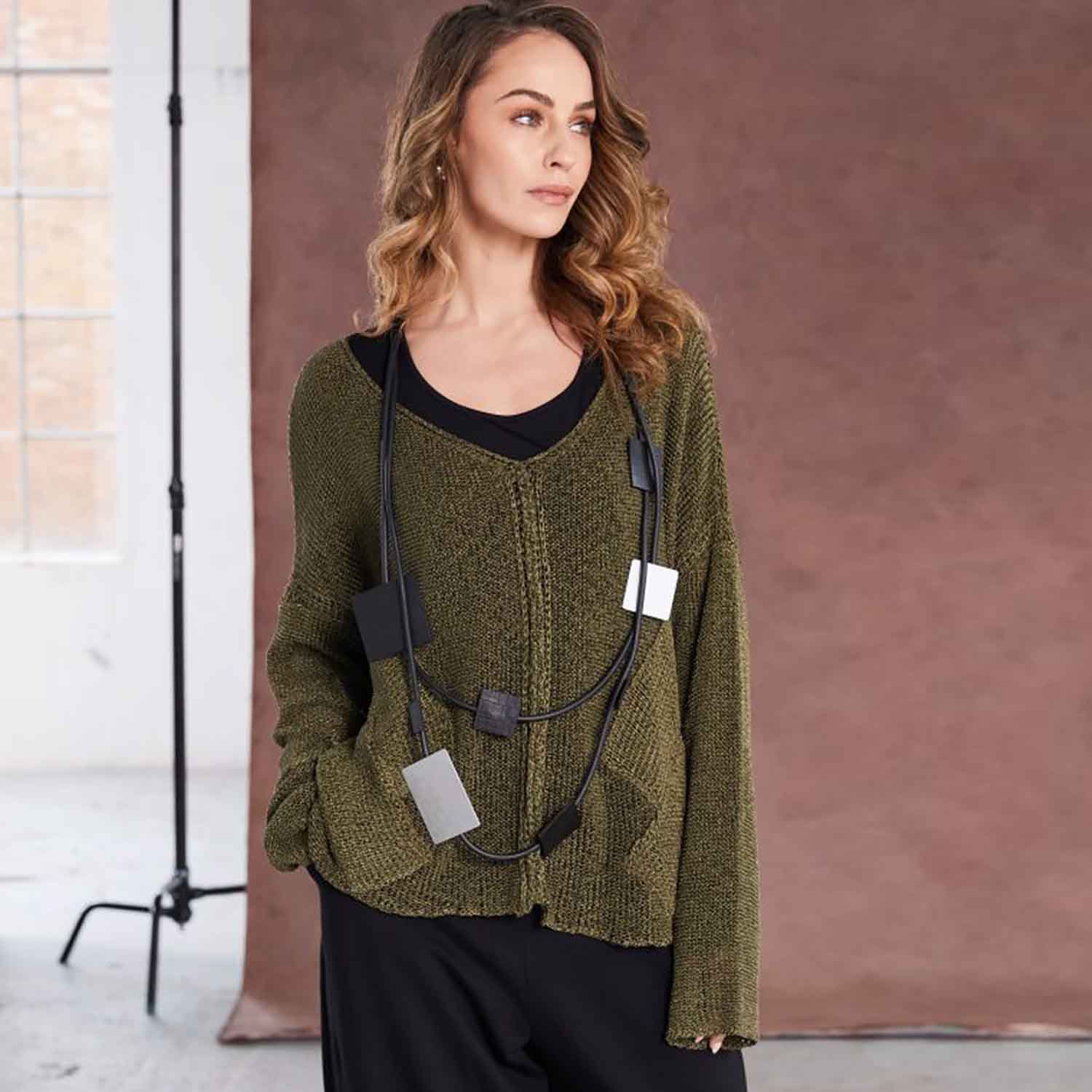 NAYA Loose Weave V Neck Knit with Layed on Sections in Moss - NAW25327 1 NAW25 327 318 279 MS 7 683x1024 1