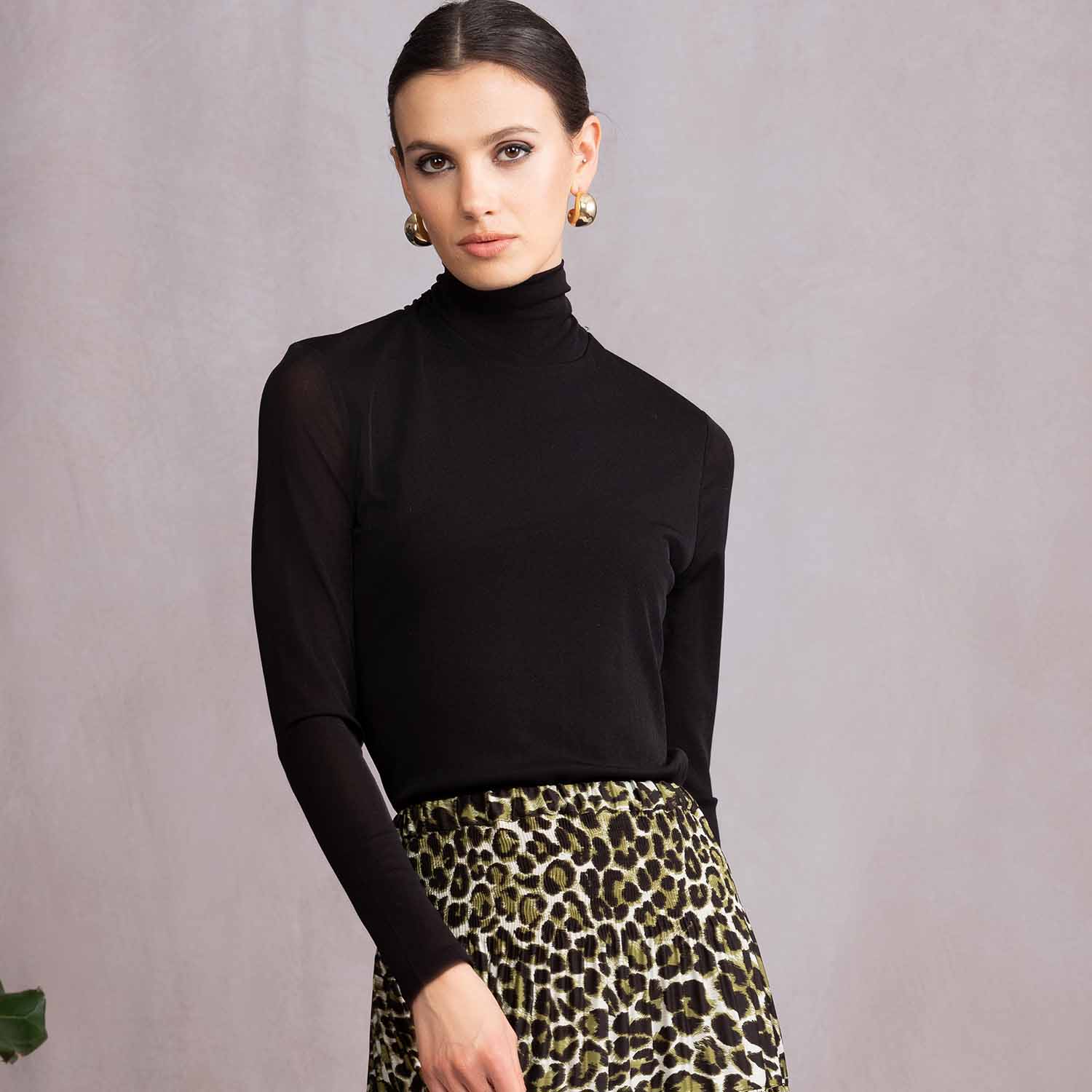 ALISON SHERI Polo Neck Sheer Mesh Top in Black - A46025 1 A46025 blackpulloverA46225 greenskirt