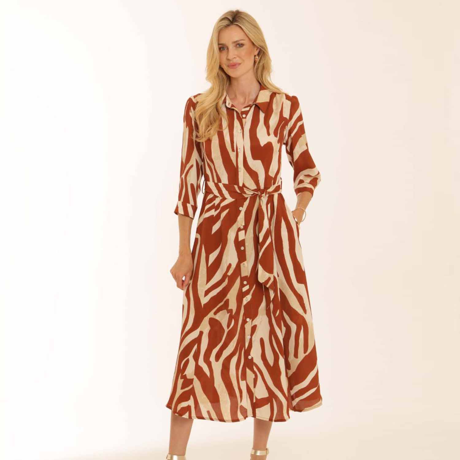 POMODORO 42602 ZEBRA SHIFT DRESS-RUST 1 zebra dress