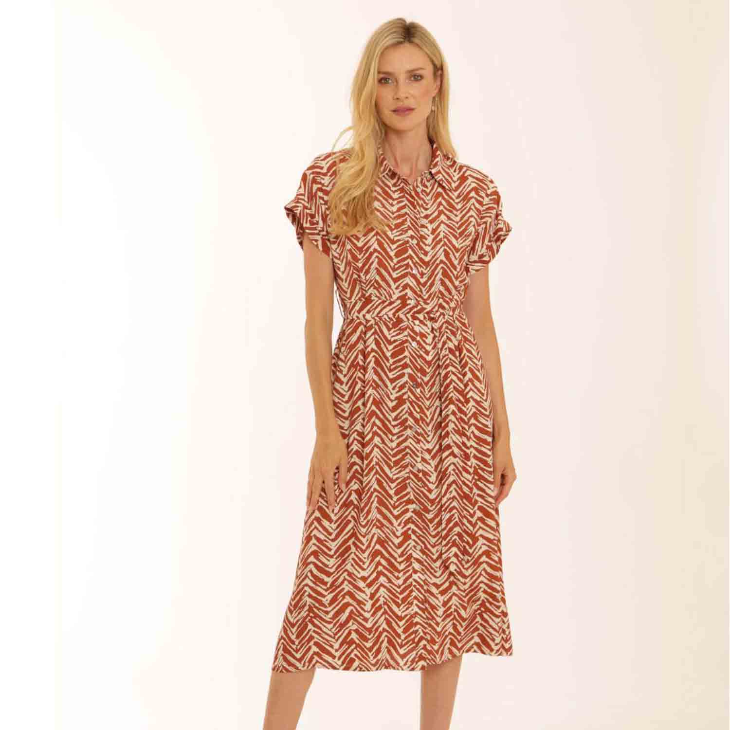 POMODORO 52606 CHEVRON DRESS-RUST 1 POMODORO 52606 CHEVRON DRESS-RUST