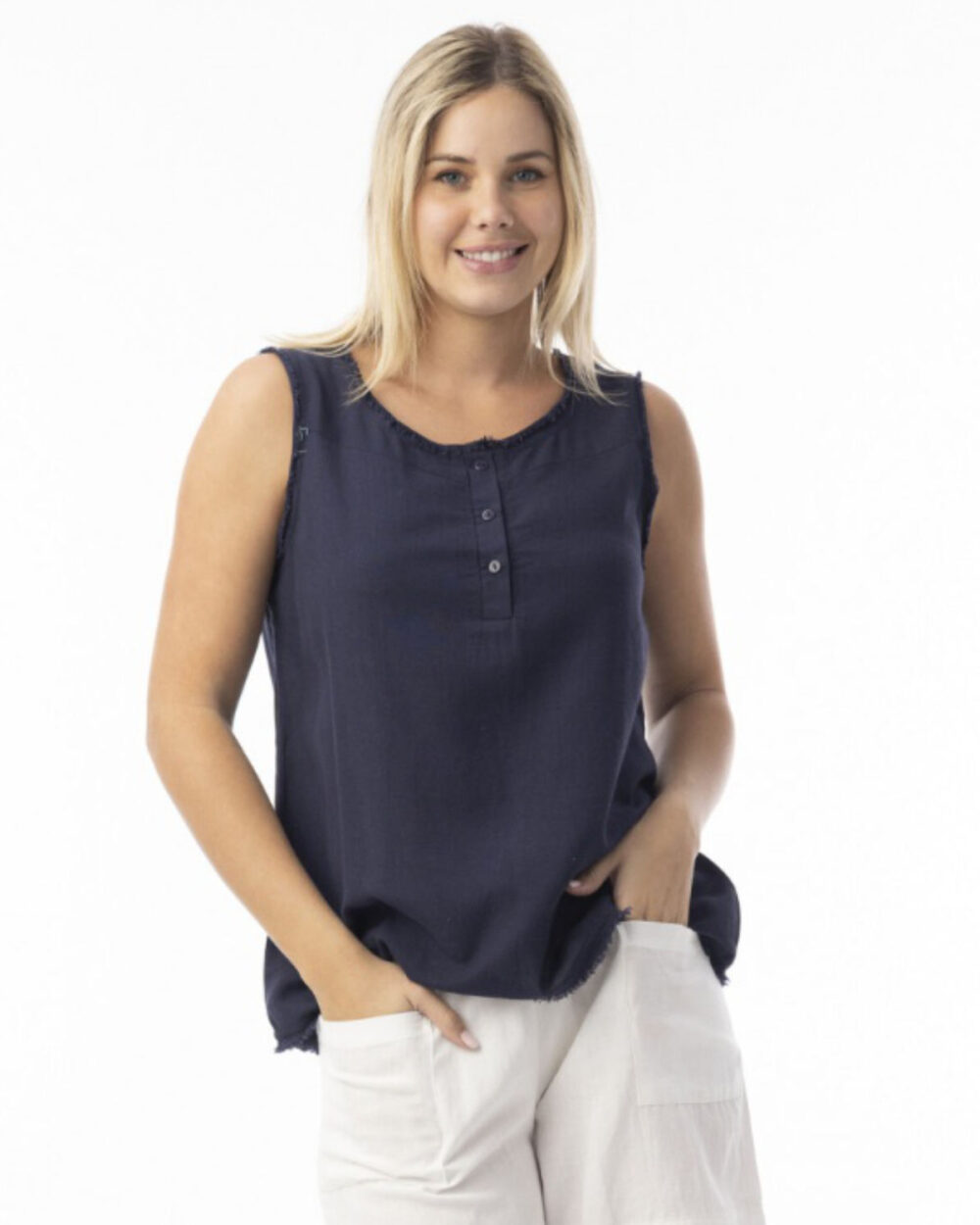ORIENTIQUE 62773 LINEN CAMI-NAVY