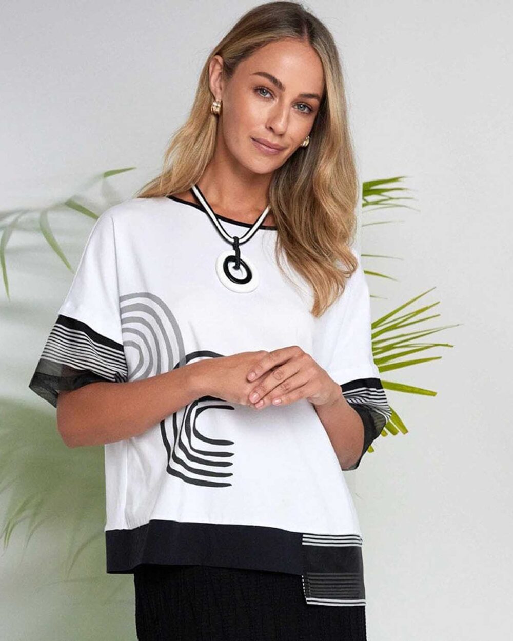NAYA NAS26259 PRINT/STRIPE TOP-BLACK & WHITE