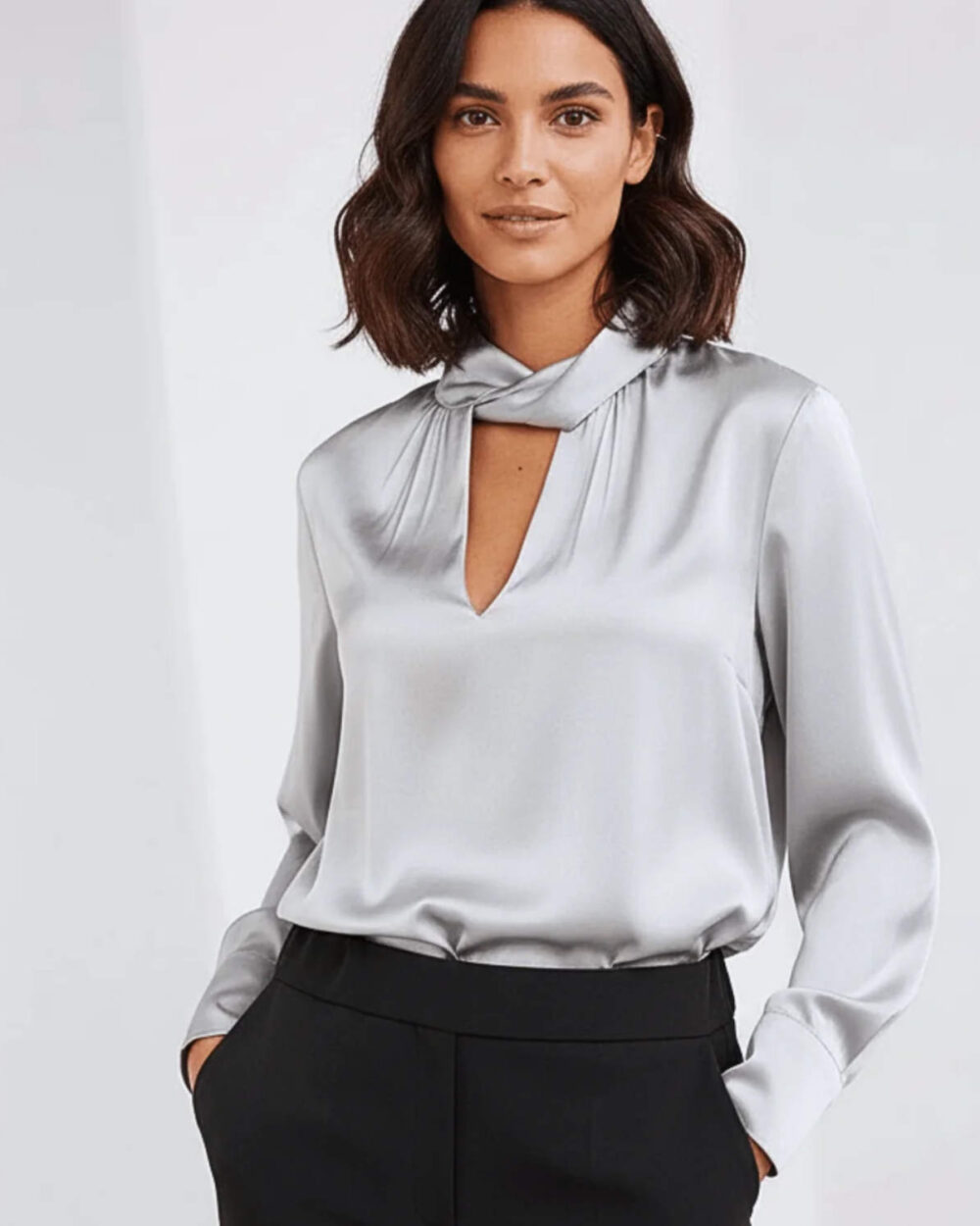 PERUZZI 25176 COWL NECK BLOUSE-SILVER GREY
