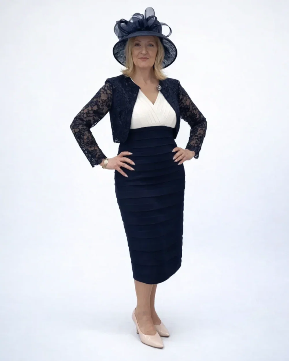 TIA Two Piece - Sleeveless Bandage Style Dress in Navy & Cream with Navy Lace Bolero - 78281