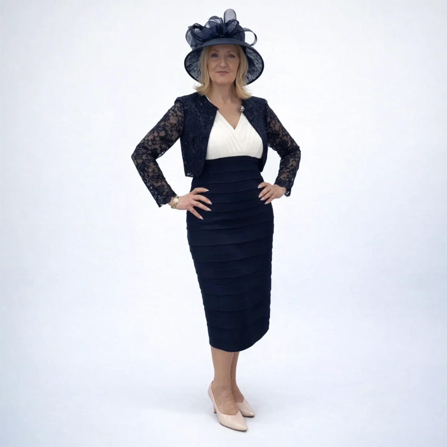 TIA Two Piece - Sleeveless Bandage Style Dress in Navy & Cream with Navy Lace Bolero - 78281 1 TIA Two Piece - Sleeveless Bandage Style Dress in Navy & Cream with Navy Lace Bolero - 78281