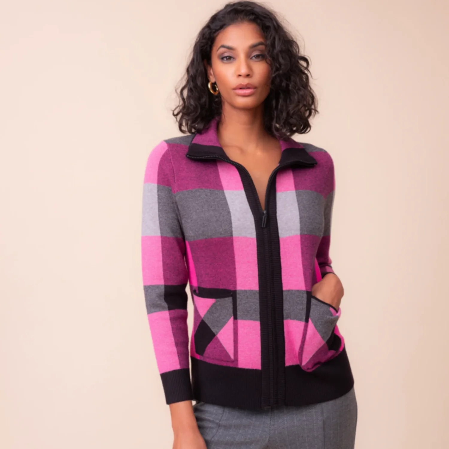 ALISON SHERI A48221 ZIP CARDIGAN/JACKET-FUCHSIA 1 ALISON SHERI A48221 ZIP CARDIGAN/JACKET-FUCHSIA